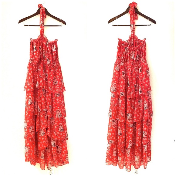 NEW MISA Los Angeles Halter Neck Ruffle Tiered Floral Maxi Dress Red Boho Summer - Picture 14 of 16